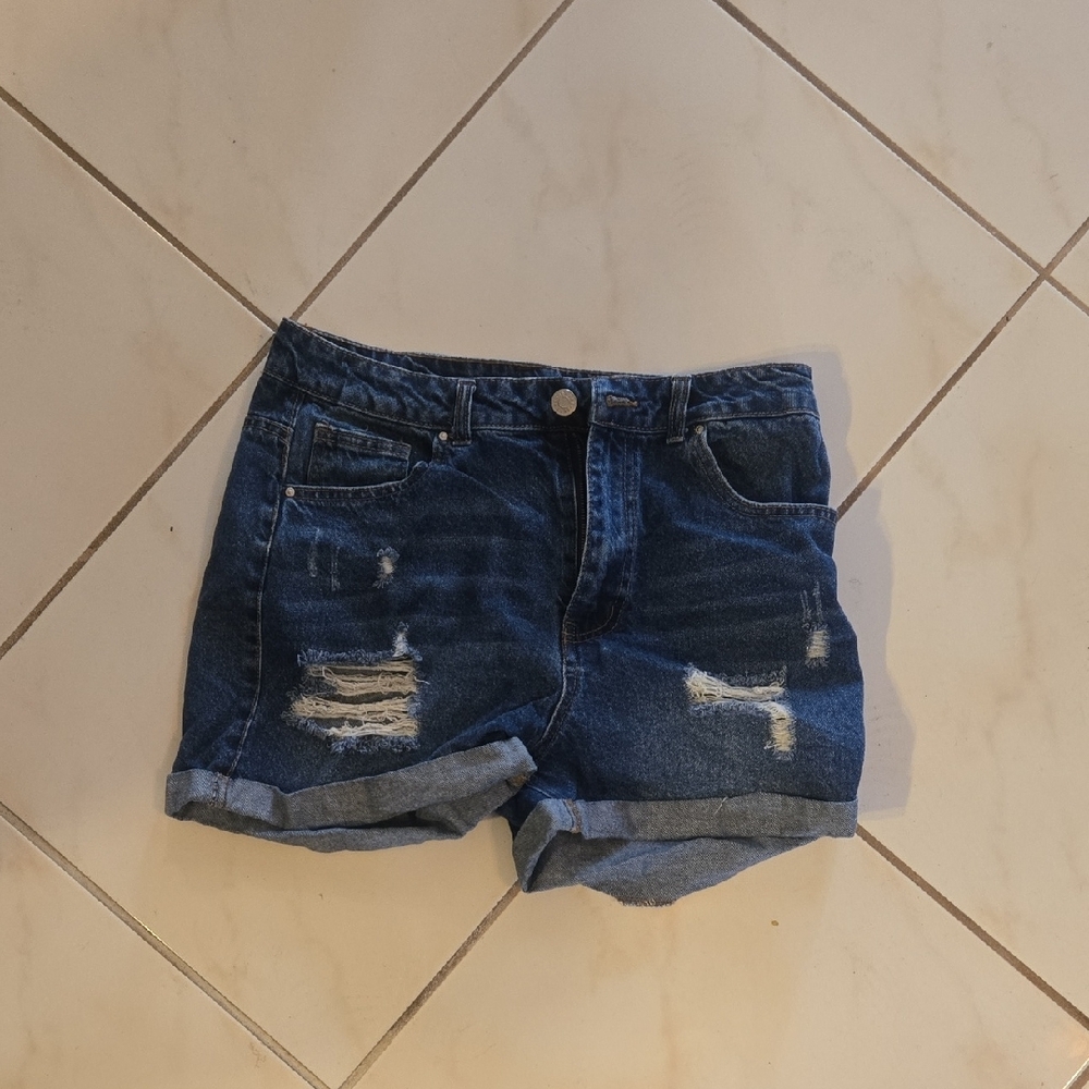 Refuge Blue Distressed Jean Shorts with Cuffed Hem